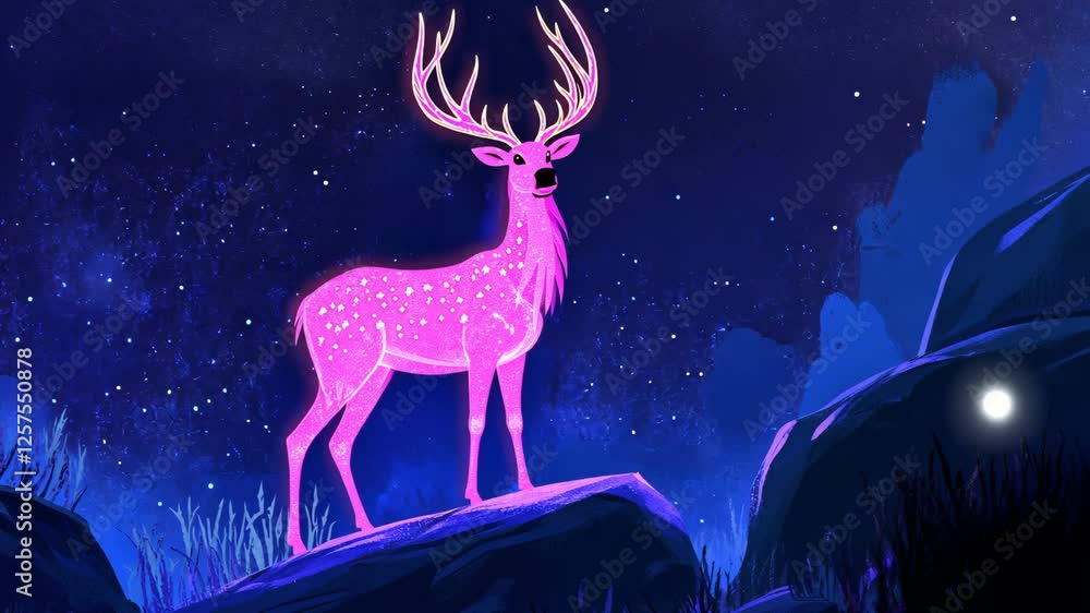 Magical glowing deer stands on a rock under a starry night sky in an enchanting landscape Magical glowing deer stands on a rock under a starry night sky in an enchanting landscape