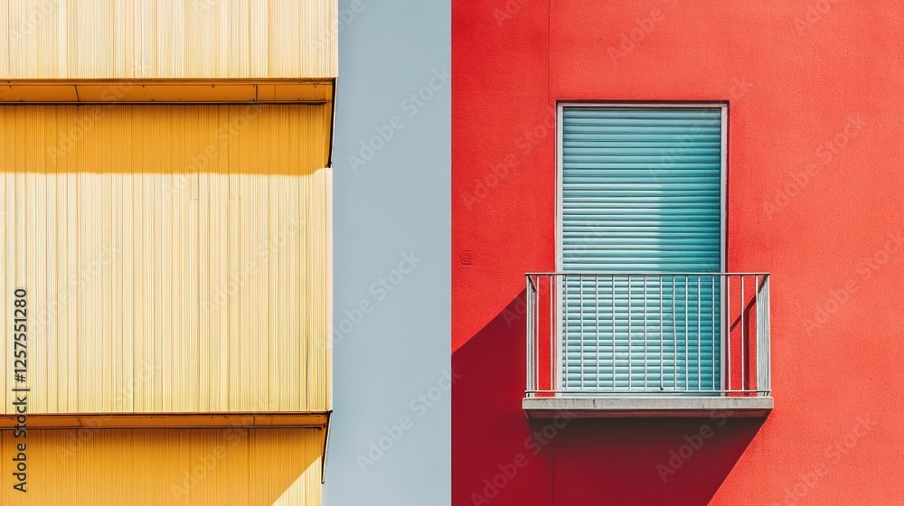 Obraz premium A vibrant architectural contrast featuring a yellow facade and a red wall with a balcony.