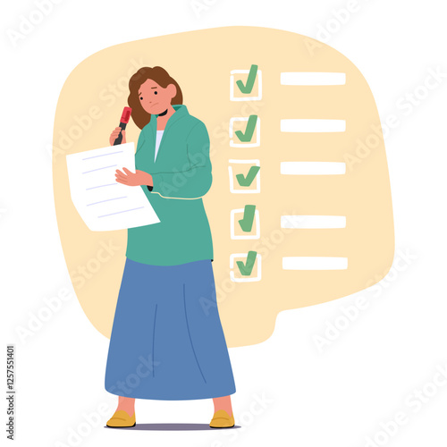 Businesswoman cartoon character checking to-do list day plan for productivity organization