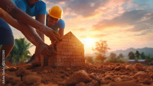 Man and woman constructing a brick wall together in a residential building project