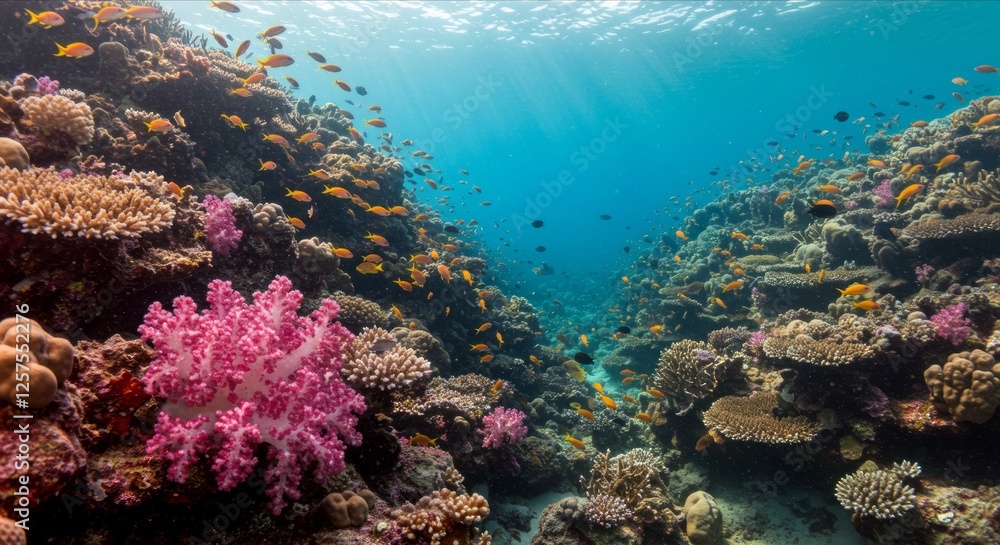 Fototapeta premium Coral reef scene. Yellow fish school. Underwater. Sunlight