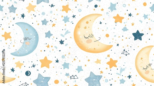 Sleepy moons and stars night sky pattern, perfect for children's textiles or nursery decor