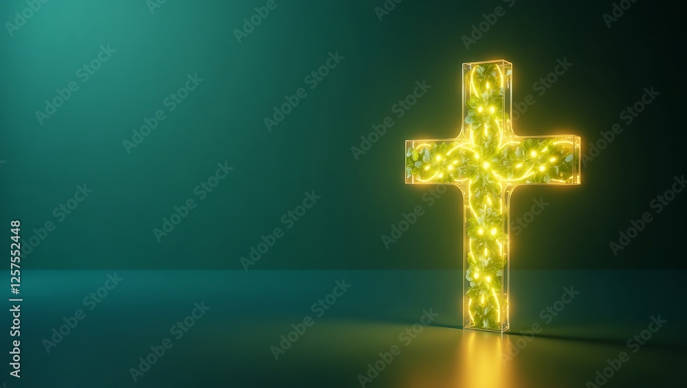 Obraz premium Intricate Glowing Medical Cross with Green Leaves and Golden Light for National Doctors' Day