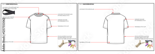 Short Sleeve Crew Neck Drop Shoulder T-shirt Fashion Design Technical Tech Pack. 