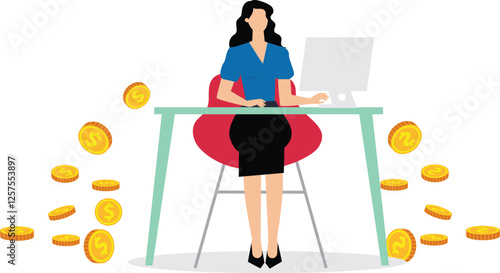 A businesswoman holds a laptop and coins are scattered around him. Illustration for making money online, working from home, freelancing