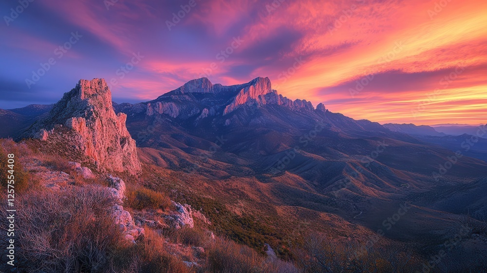 Naklejka premium Mountains, close-up of rugged peaks against a vibrant sunset sky