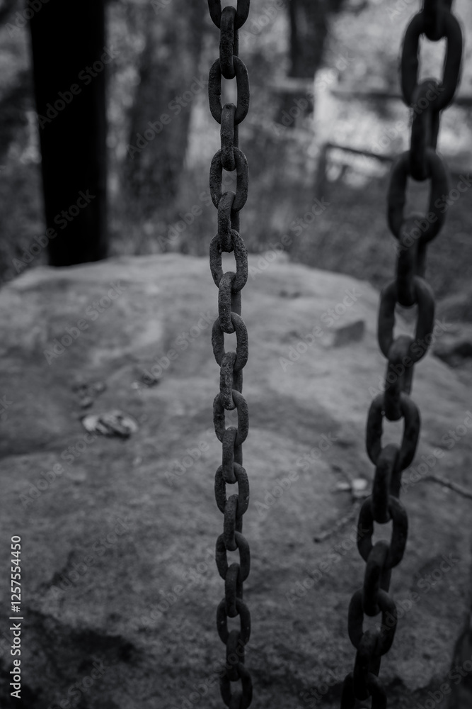 Chains hanging from a structure near a rocky area in a forest setting during a calm afternoon Chains hanging from a structure near a rocky area in a forest setting during a calm afternoon
