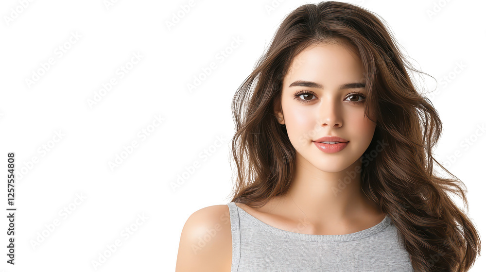 Portrait of a woman with long brown hair and gray tank top Portrait of a woman with long brown hair and gray tank top
