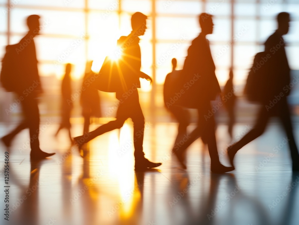 blurred figures walking in airport terminal at sunset blurred figures walking in airport terminal at sunset