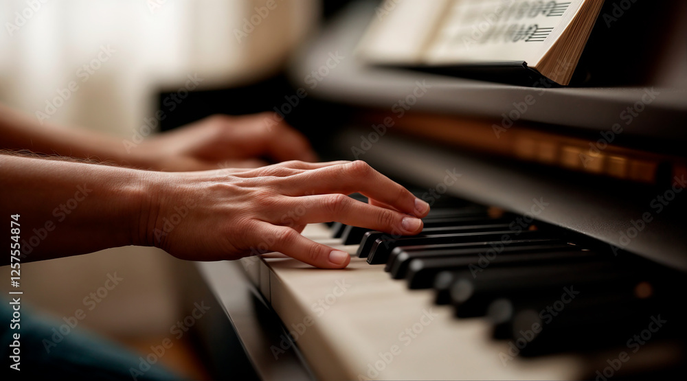 Obraz premium Low angle view of hands of a professional pianist playing piano in a concert or performance. High quality photo