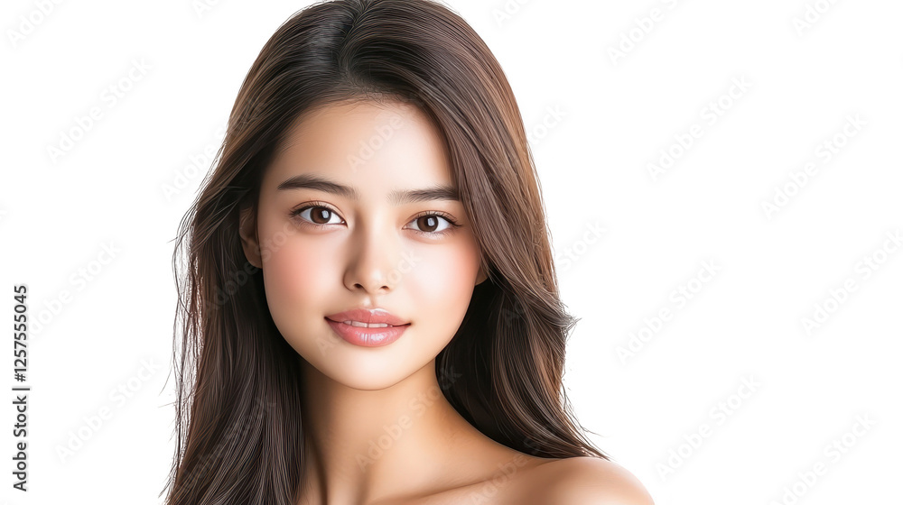 Striking portrait of a woman with long, flowing brown hair against dramatic black background Striking portrait of a woman with long, flowing brown hair against dramatic black background