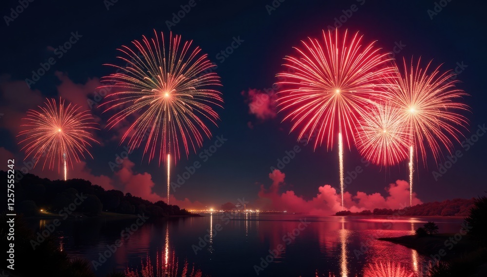 Dramatic fireworks display, a wide panoramic view on a black background , holiday, illumination, explosion Dramatic fireworks display, a wide panoramic view on a black background , holiday, illumination, explosion