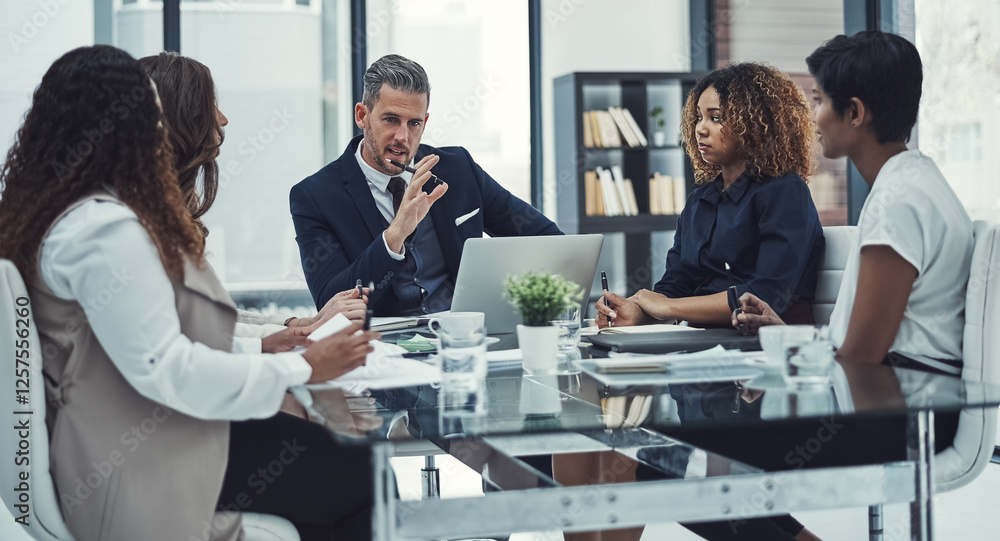 Meeting, manager and business people in office with laptop for company profit growth with investment. Discussion, computer and team of financial advisors with investor for revenue planning together. Meeting, manager and business people in office with laptop for company profit growth with investment. Discussion, computer and team of financial advisors with investor for revenue planning together.