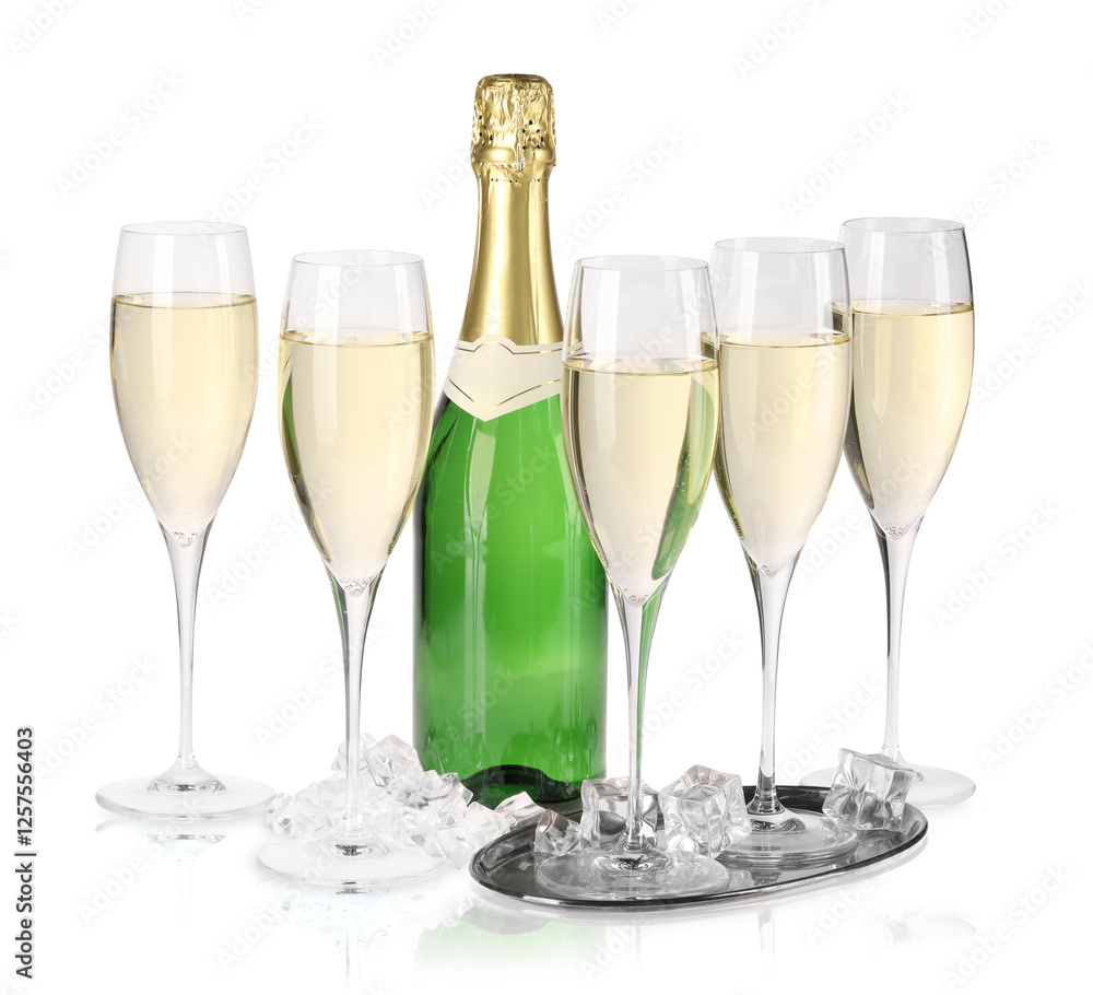 Champagne in glasses and bottle isolated on white. Sparkling wine Champagne in glasses and bottle isolated on white. Sparkling wine