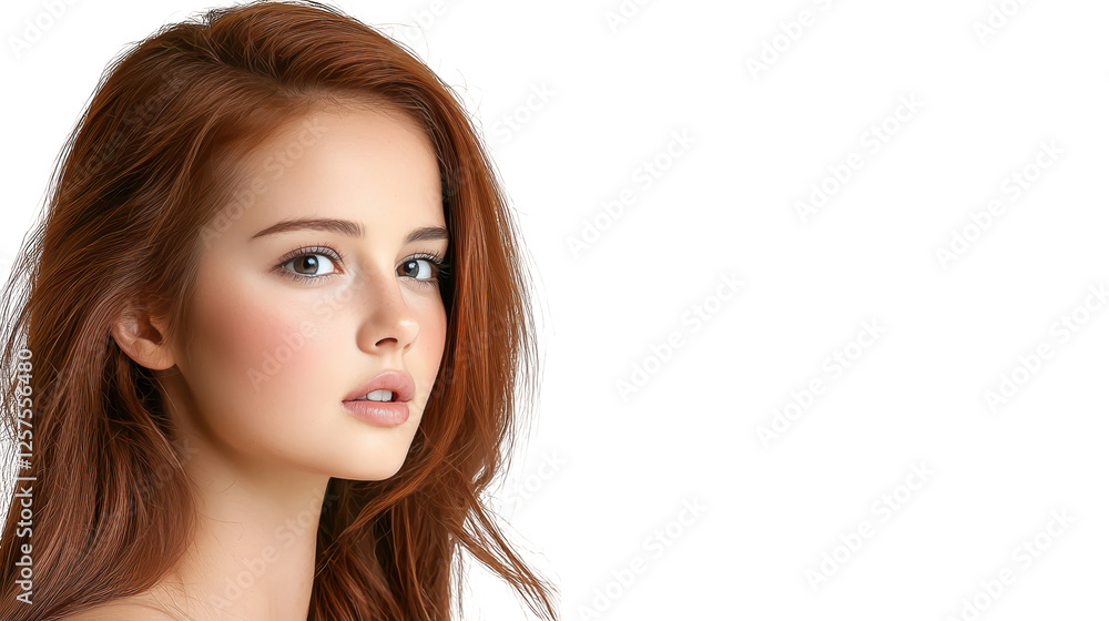 Portrait of a woman with long flowing red hair and stylish white top Portrait of a woman with long flowing red hair and stylish white top