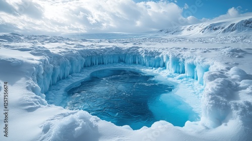 Glacier with blue crevasse showcasing ancient ice layers in a cold landscape photo