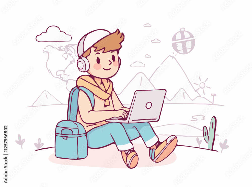 Remote Work Travel Concept: Digital Nomad with Laptop Remote Work Travel Concept: Digital Nomad with Laptop