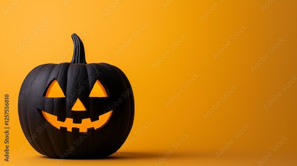 A black pumpkin with a jack-o-lantern face on a yellow background A black pumpkin with a jack-o-lantern face on a yellow background