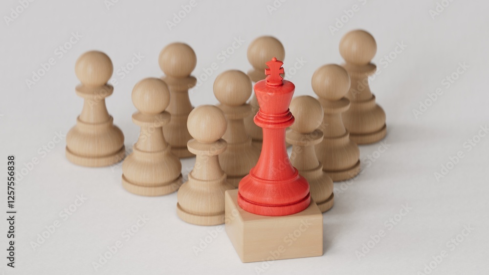 Leadership concept, wooden business team with one person standing out from the crowd on podium.3D rendering on white background. Leadership concept, wooden business team with one person standing out from the crowd on podium.3D rendering on white background.