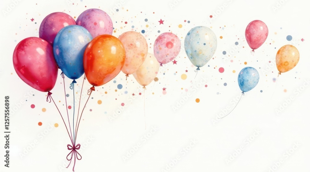 A festive cluster of colorful balloons floats joyfully amidst a shower of confetti, celebrating a special occasion with vibrant hues and cheerful energy A festive cluster of colorful balloons floats joyfully amidst a shower of confetti, celebrating a special occasion with vibrant hues and cheerful energy