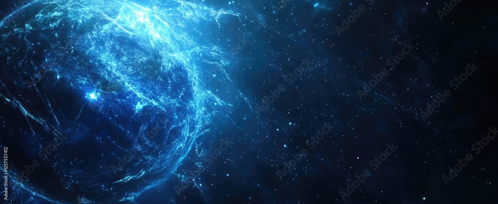Glowing Blue Planet in Deep Space; Nebula Background Glowing Blue Planet in Deep Space; Nebula Background