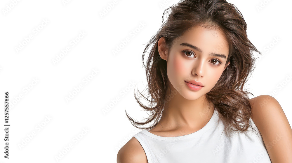 Stylish woman with flowing hair, a portrait in white top Stylish woman with flowing hair, a portrait in white top