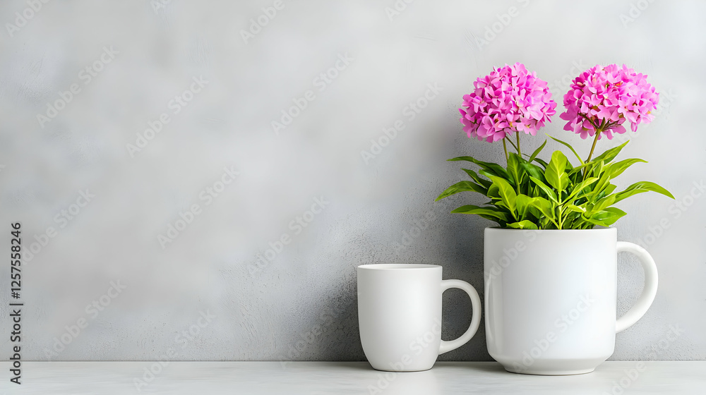 Pink flowers in mug, grey background, mugs. Home decor Pink flowers in mug, grey background, mugs. Home decor