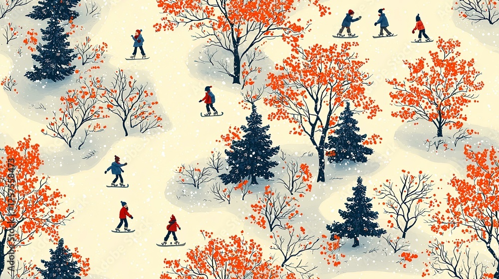 Winter wonderland People cross-country skiing in snowy park, trees with red leaves, snowfall. Ideal for winter holiday cards, seasonal website backgrounds Winter wonderland People cross-country skiing in snowy park, trees with red leaves, snowfall. Ideal for winter holiday cards, seasonal website backgrounds