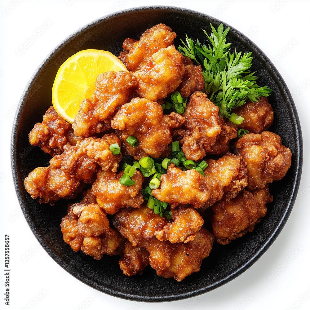 Overhead view of Karaage, isolated on white, food photo Overhead view of Karaage, isolated on white, food photo