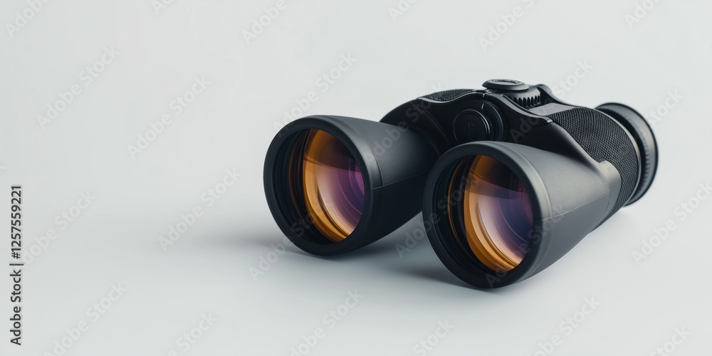 A pair of binoculars with yellow lenses sit on a white surface A pair of binoculars with yellow lenses sit on a white surface