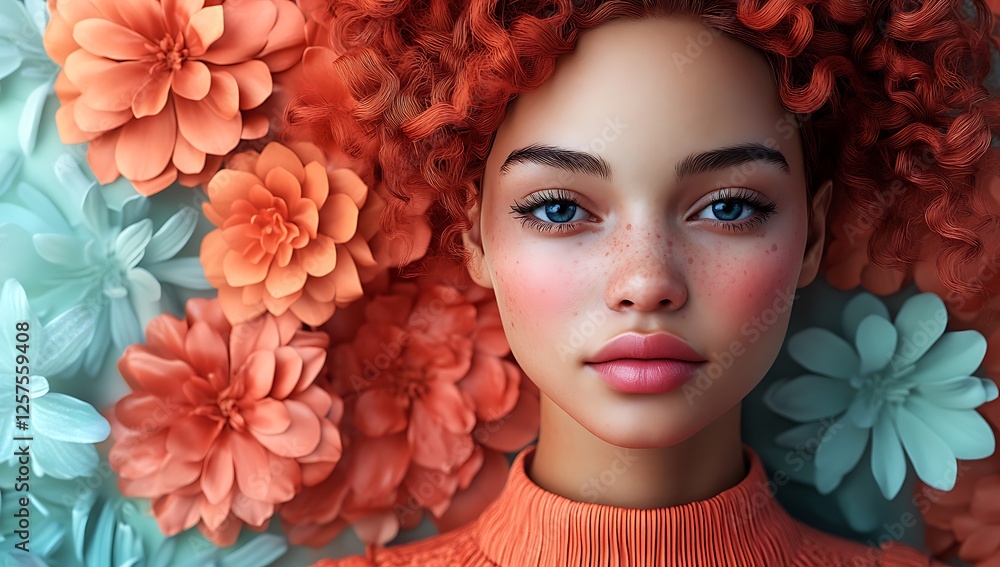 Close Up with Coral and Teal Flowers and Orange Sweater Close Up with Coral and Teal Flowers and Orange Sweater