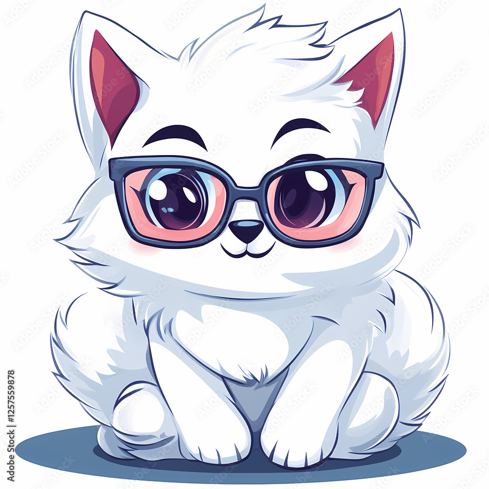 Fototapeta premium Cute white cat with glasses sitting adorably on a plain background. Generative AI