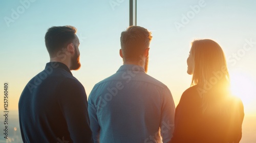 Business team looking at the sunrise.