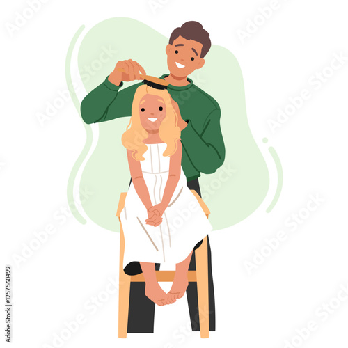 Father enjoying parenting combing little daughter long blond hair engaged in morning care routine