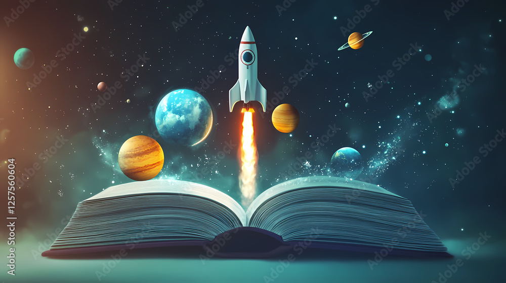 Naklejka premium Space adventure begins from an open book in a cosmic setting. Generative AI
