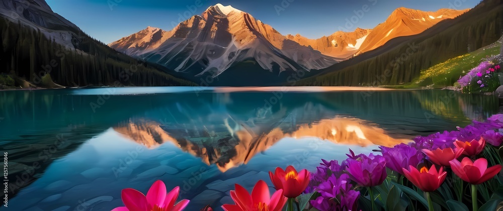 A breathtaking view of a serene lake reflecting a majestic mountain of cash with vibrant flowers framing the scene symbolizing both peace and prosperity A breathtaking view of a serene lake reflecting a majestic mountain of cash with vibrant flowers framing the scene symbolizing both peace and prosperity