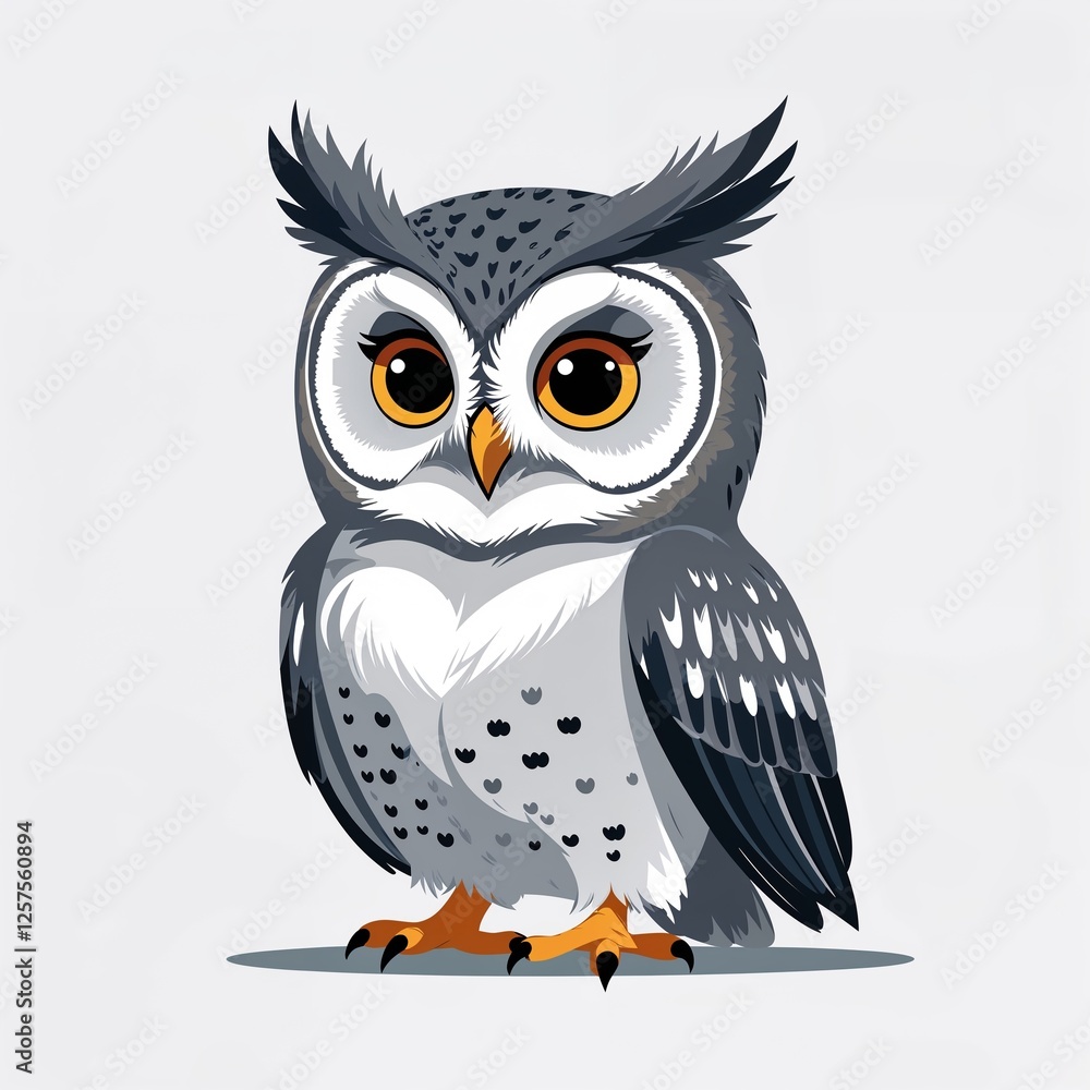 Fototapeta premium Cute gray owl cartoon illustration on plain white background