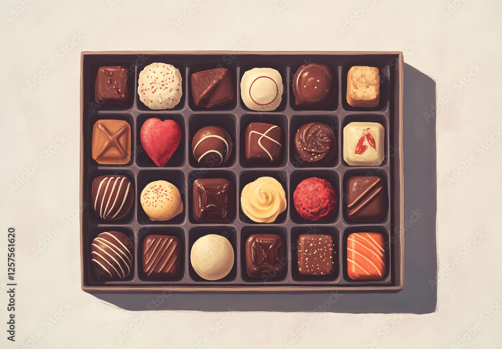 Assorted Chocolates in a Gift Box with a Ribbon, Set Against a Minimalistic Gray Background Assorted Chocolates in a Gift Box with a Ribbon, Set Against a Minimalistic Gray Background