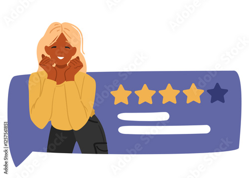 Happy smiling young woman cartoon character and above average review star ranking speech bubble