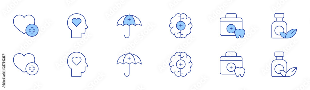 Healthcare icon set in two styles, Duotone and Thin Line style. Editable stroke. brain, dentist, heart, medicine, physical wellbeing, umbrella Healthcare icon set in two styles, Duotone and Thin Line style. Editable stroke. brain, dentist, heart, medicine, physical wellbeing, umbrella