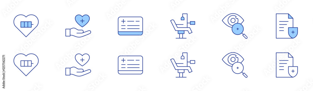 Healthcare icon set in two styles, Duotone and Thin Line style. Editable stroke. chair, energy, eye, healthcare, insurance, medical record Healthcare icon set in two styles, Duotone and Thin Line style. Editable stroke. chair, energy, eye, healthcare, insurance, medical record