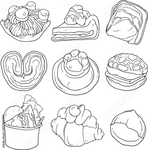 Hand-drawn vector illustration of various pastries and baked goods, including croissants, cakes, bread, muffins, and cookies. Perfect for menus, bakery branding, coloring books, and food designs.