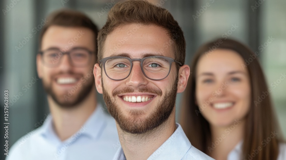 team of smiling professionals with glasses team of smiling professionals with glasses