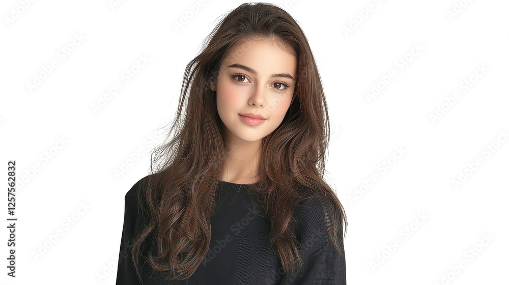 Stylish woman with flowing long hair in a classic black shirt Stylish woman with flowing long hair in a classic black shirt