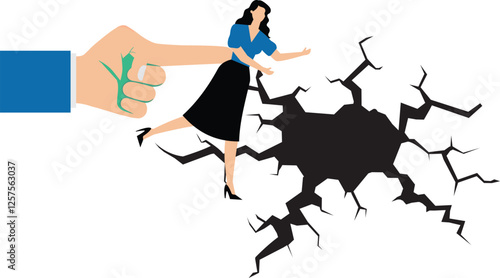 A businesswoman is pushed by a big finger into a hole. Illustration for bullying, violence and seniority