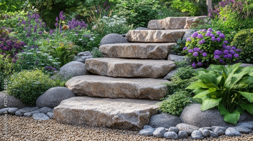 Obraz premium Garden stone steps leading through a landscaped bed of flowers
