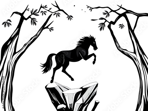 an image of a horse is jumping over a rock in the woods, there is a black horse that is jumping over a rock photo