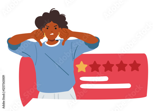 Furious angry woman customer cartoon character leaving negative comment and rating feedback