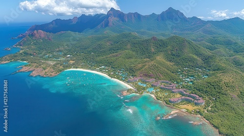 Wallpaper Mural Aerial view Tropical island resort, beach, mountains Torontodigital.ca