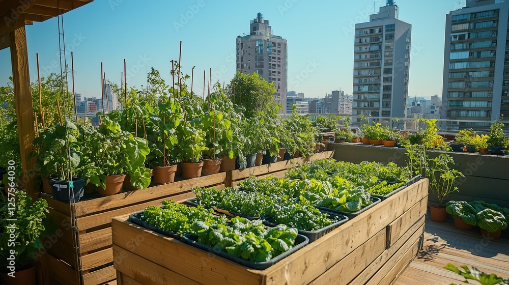 Fototapeta premium Urban rooftop oasis filled with thriving vegetable plants, herbs, and eco-friendly planters, symbolizing sustainable city farming and the healthy food revolution